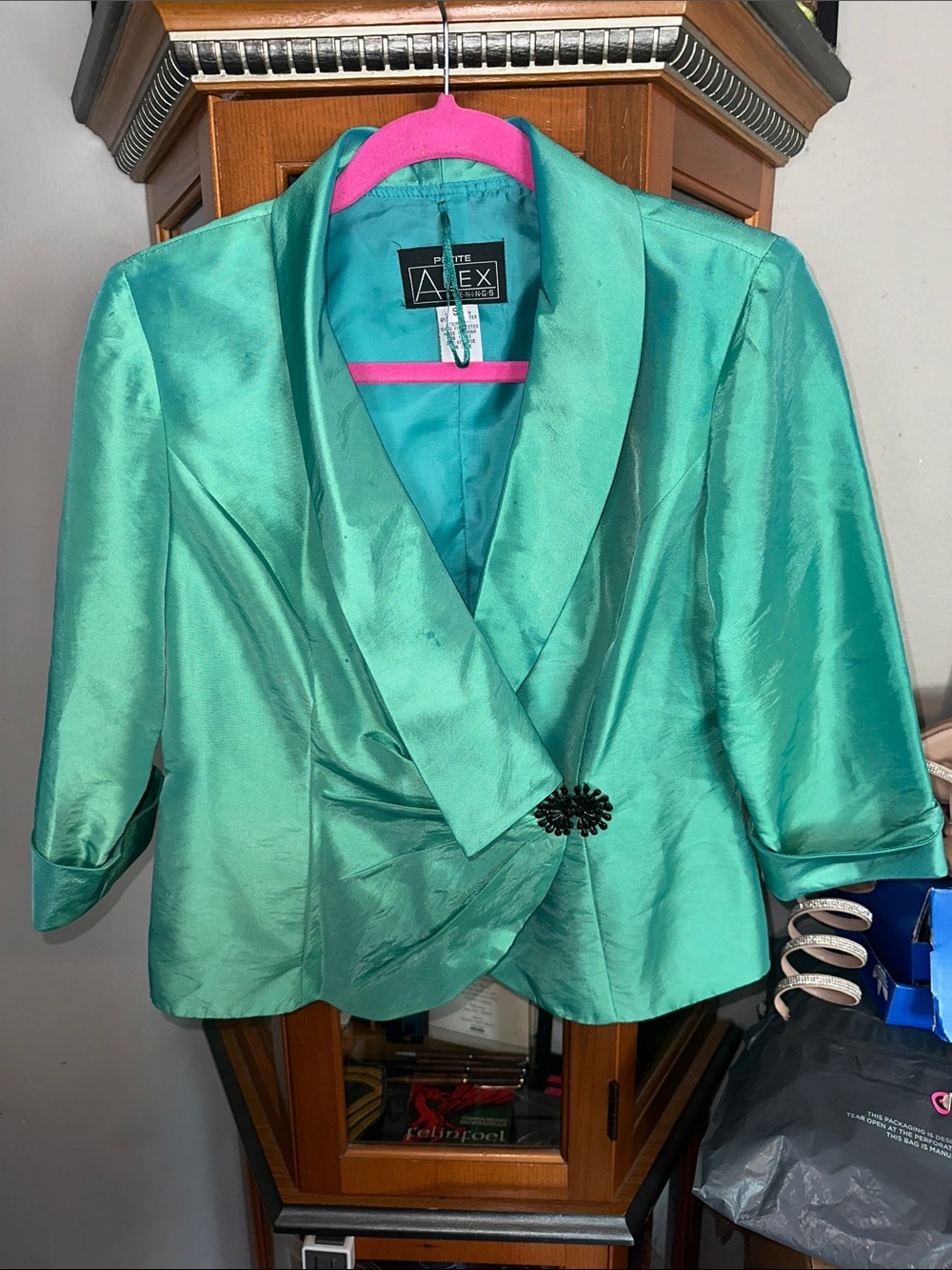 Alex Evenings Teal Satin Cropped Blazer with Decorative Closure